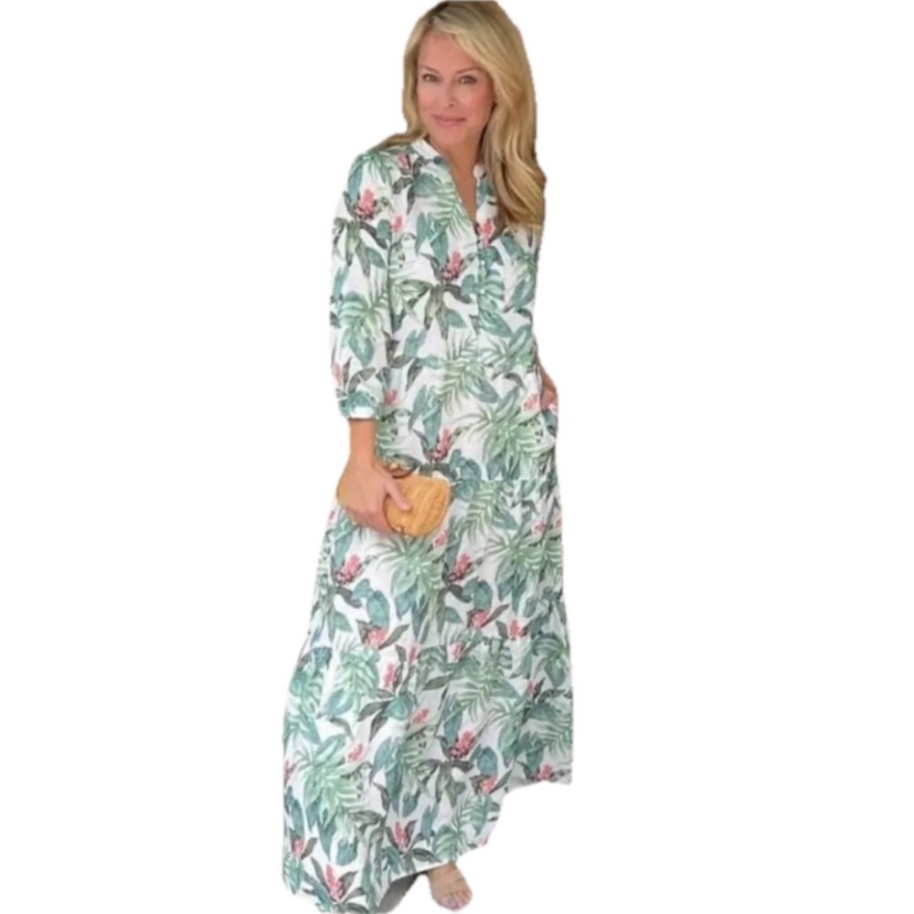 J. McLaughlin‎ Cunningham Palm Print Linen Blend Tiered Maxi Dress Large